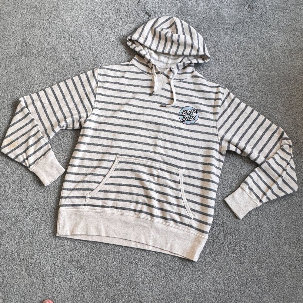 Santa Cruz Skateboard Womens Hoodie Sweatshirt Gray Striped Pullover SMALL